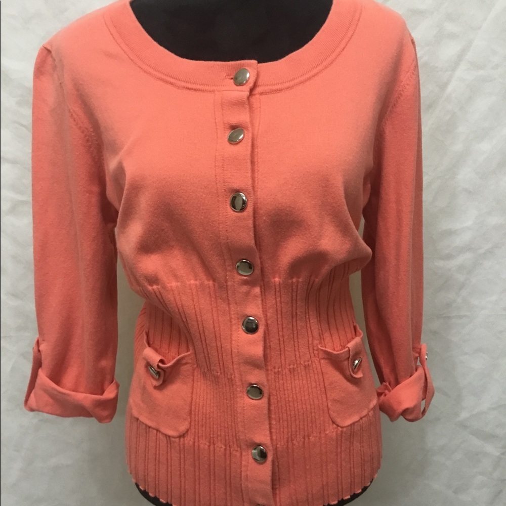R-Q-T Peach Cotton 3/4 Sleeve Ribbed Cardigan Sz L
